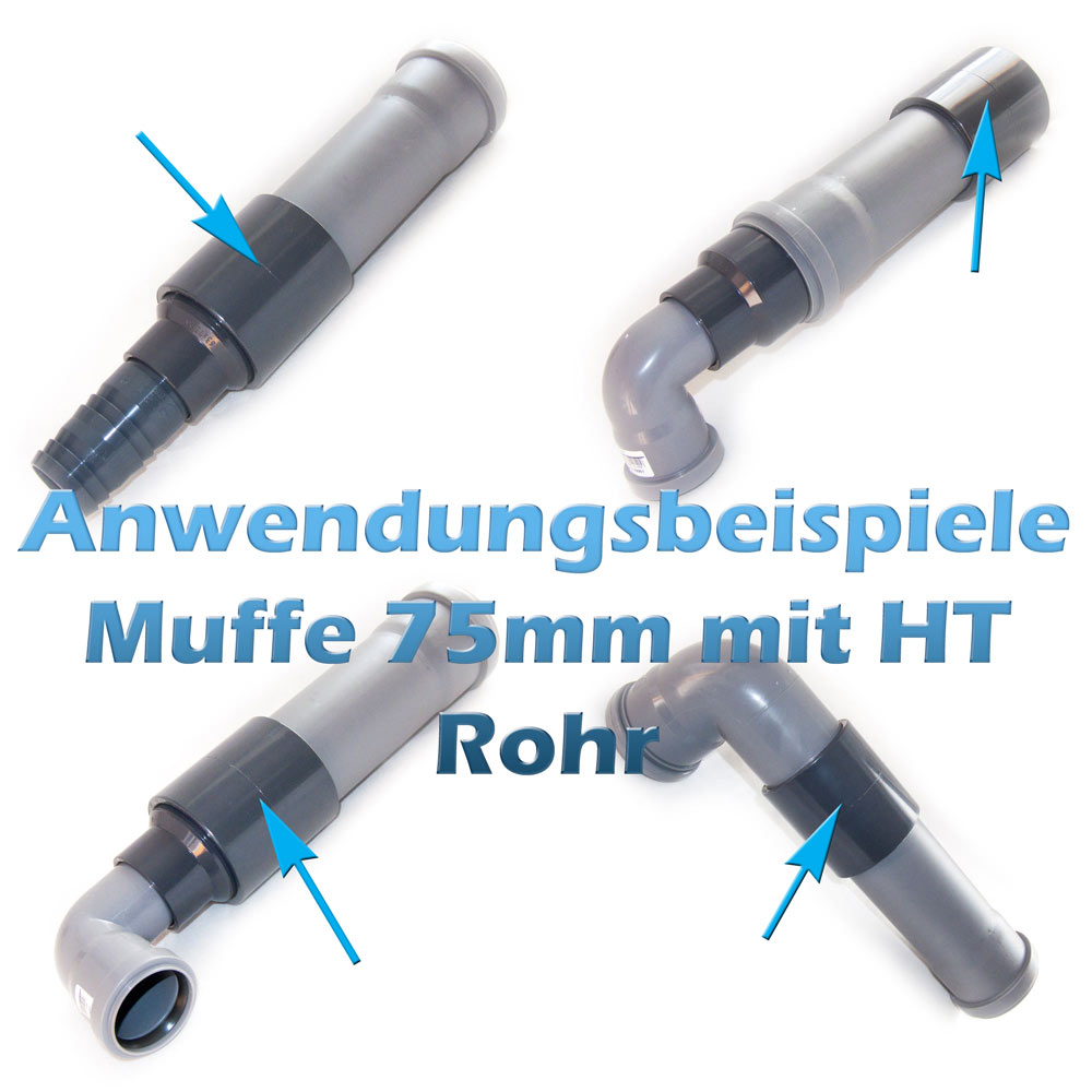 Muffe 75mm als Verbinder für HT, KG und PVC Rohre